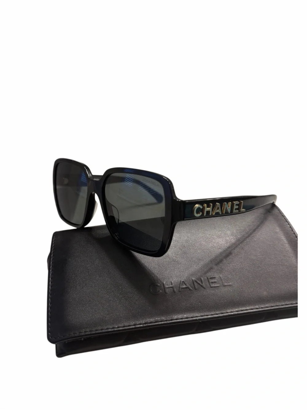 CHANEL Black Square Sunglasses with Gold Logo Temples
